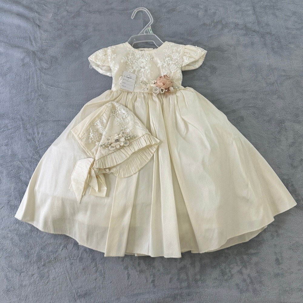 NWT Cream Lace Christening Gown with Matching Bonnet Size 2 Formal Dress